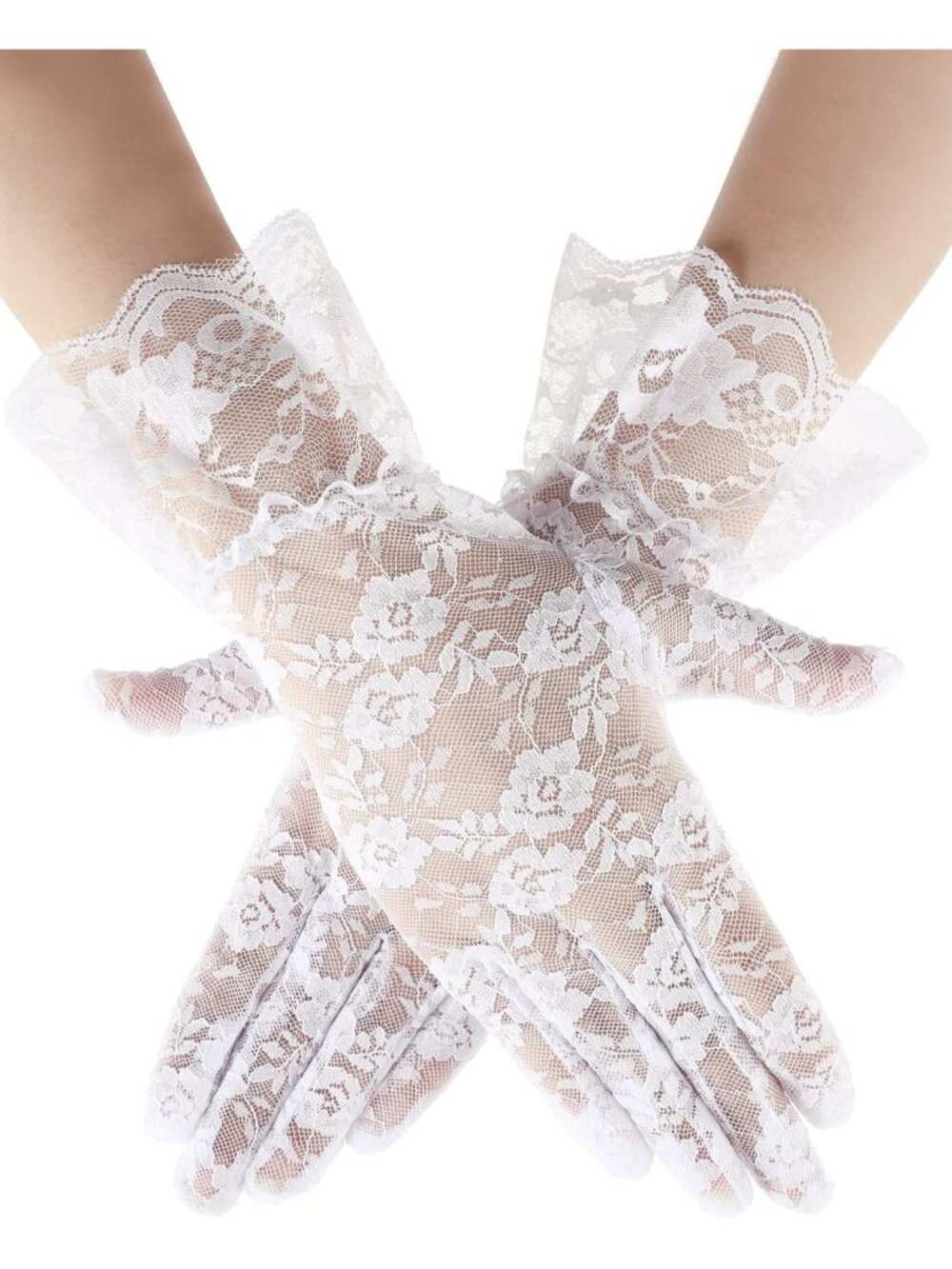 Women's White Ruffled Wrist Cuff Pattern Opera Parties Ladies Lace Floral Gloves